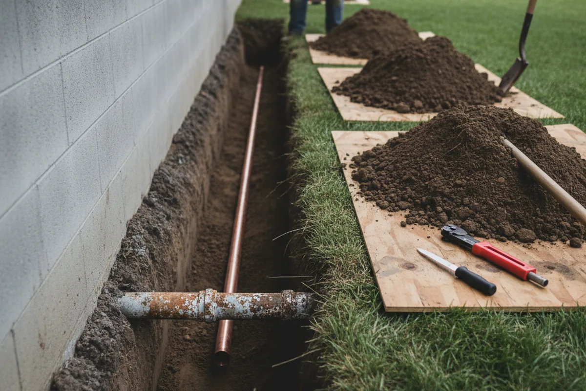 Excavated water line trench during Sewer Line Repair in Northbridge